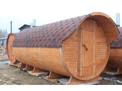 Комплект Баня Бочка круглая с предбанником и моечной 5m + козырёк 0,5м, 43 мм